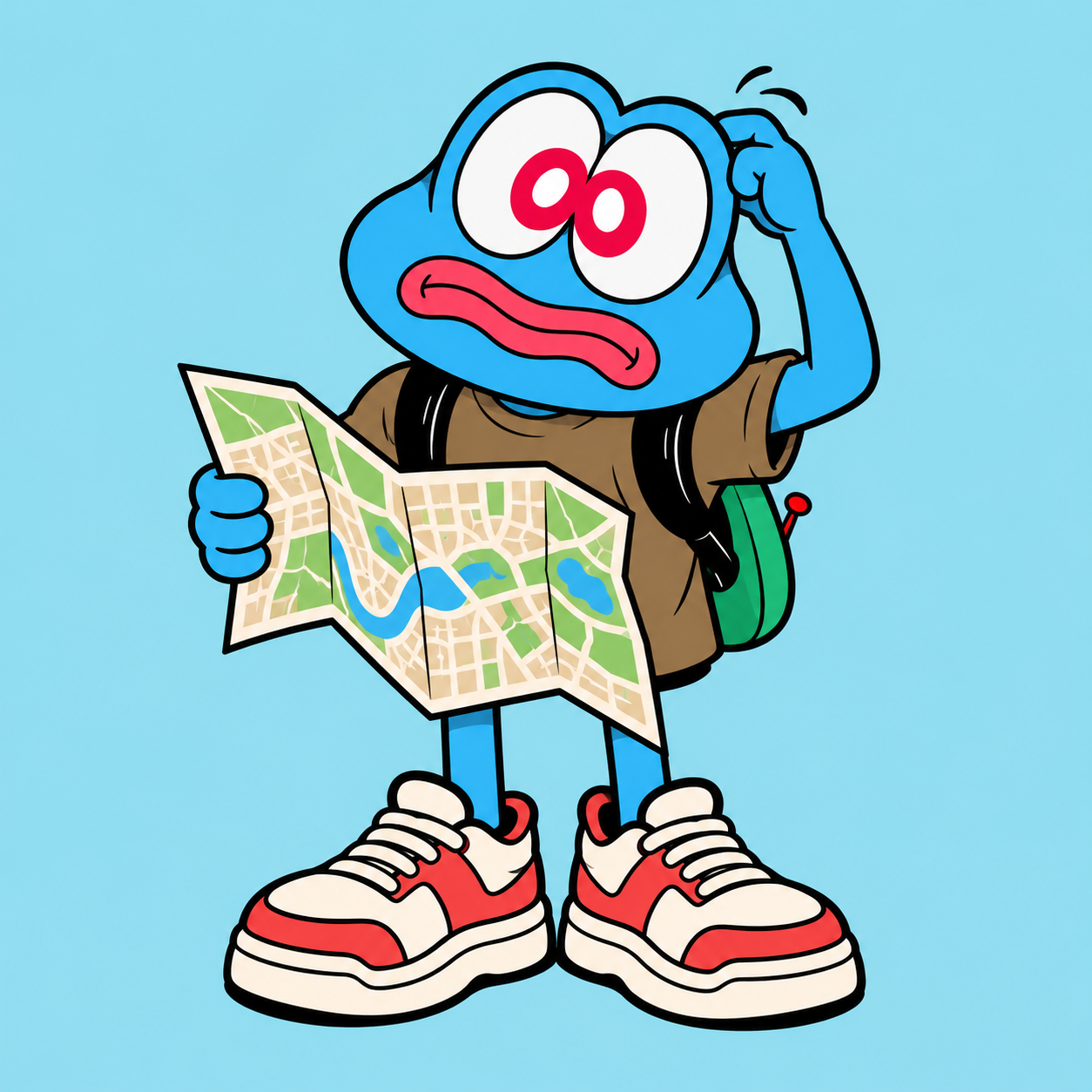 GROGGO holding a map upside down and scratching his head